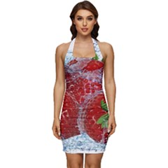 Red Strawberries Water Squirt Strawberry Fresh Splash Drops Sleeveless Wide Square Neckline Ruched Bodycon Dress by B30l