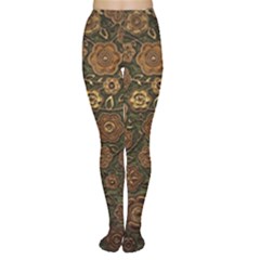 Brown And Green Floral Print Textile Ornament Pattern Texture Tights by danenraven