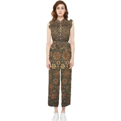 Brown And Green Floral Print Textile Ornament Pattern Texture Women s Frill Top Chiffon Jumpsuit by danenraven