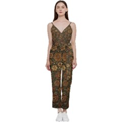 Brown And Green Floral Print Textile Ornament Pattern Texture V-neck Spaghetti Strap Tie Front Jumpsuit by danenraven