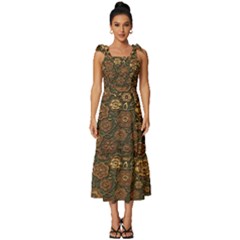 Brown And Green Floral Print Textile Ornament Pattern Texture Tie-strap Tiered Midi Chiffon Dress by danenraven