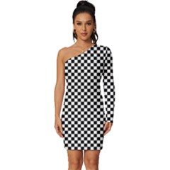 Black And White Checkerboard Background Board Checker Long Sleeve One Shoulder Mini Dress by Cowasu