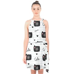 Cute Cameras Doodles Hand Drawn Halter Collar Waist Tie Chiffon Dress by Cowasu