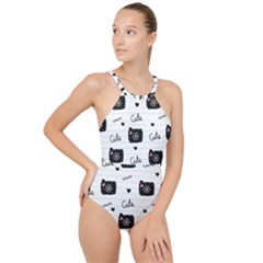 Cute Cameras Doodles Hand Drawn High Neck One Piece Swimsuit by Cowasu