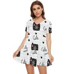 Cute Cameras Doodles Hand Drawn Tiered Short Sleeve Babydoll Dress by Cowasu