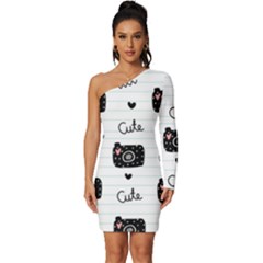 Cute Cameras Doodles Hand Drawn Long Sleeve One Shoulder Mini Dress by Cowasu