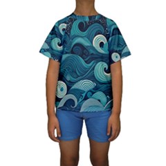 Waves Ocean Sea Abstract Whimsical Abstract Art Kids  Short Sleeve Swimwear by Cowasu