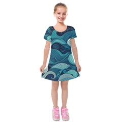 Waves Ocean Sea Abstract Whimsical Abstract Art Kids  Short Sleeve Velvet Dress by Cowasu