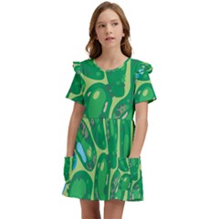 Golf Course Par Golf Course Green Kids  Frilly Sleeves Pocket Dress by Cowasu