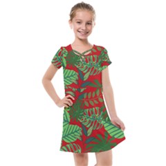 Leaves Leaf Nature Pattern Red Green Kids  Cross Web Dress by Cowasu