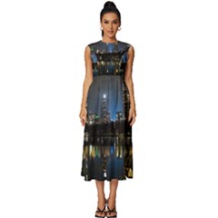 New York Night Central Park Skyscrapers Skyline Sleeveless Round Neck Midi Dress by Cowasu