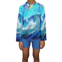 Tsunami Waves Ocean Sea Nautical Nature Water Painting Kids  Long Sleeve Swimwear by Cowasu