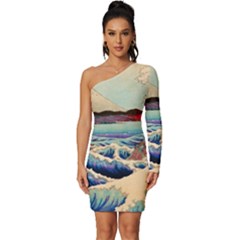 Wave Japanese Mount Fuji Woodblock Print Ocean Long Sleeve One Shoulder Mini Dress by Cowasu