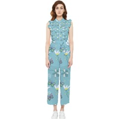 Butterfly Flower Blue Background Women s Frill Top Chiffon Jumpsuit by danenraven