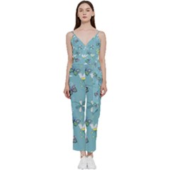 Butterfly Flower Blue Background V-neck Spaghetti Strap Tie Front Jumpsuit by danenraven