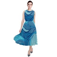 Ocean Waves Sea Abstract Pattern Water Blue Round Neck Boho Dress by danenraven