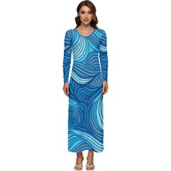 Ocean Waves Sea Abstract Pattern Water Blue Long Sleeve Longline Maxi Dress by danenraven