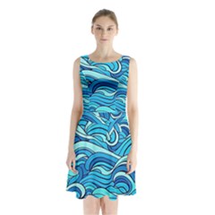 Pattern Ocean Waves Blue Nature Sea Abstract Sleeveless Waist Tie Chiffon Dress by danenraven