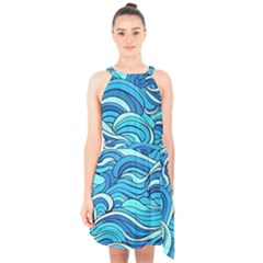 Pattern Ocean Waves Blue Nature Sea Abstract Halter Collar Waist Tie Chiffon Dress by danenraven