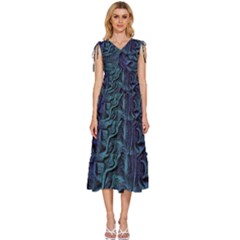 Abstract Blue Wave Texture Patten V-neck Drawstring Shoulder Sleeveless Maxi Dress by Bangk1t