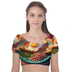 Breakfast Egg Beans Toast Plate Velvet Short Sleeve Crop Top  by Ndabl3x