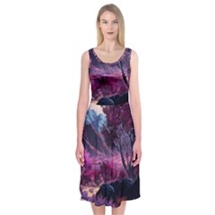 Landscape Painting Purple Tree Midi Sleeveless Dress by Ndabl3x