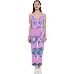 Hearts Pattern Love V-neck Spaghetti Strap Tie Front Jumpsuit by Ndabl3x