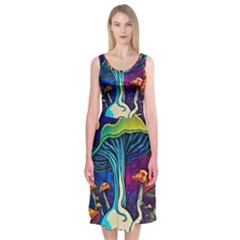 Mushrooms Fungi Psychedelic Midi Sleeveless Dress by Ndabl3x