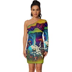 Mushrooms Fungi Psychedelic Long Sleeve One Shoulder Mini Dress by Ndabl3x