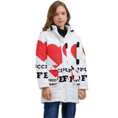 I Love Cappuccino Coffee Kids  Hooded Longline Puffer Jacket by ilovewhateva