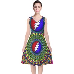 Grateful Dead Pattern V-neck Midi Sleeveless Dress  by Wav3s