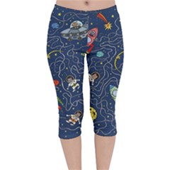 Cat-cosmos-cosmonaut-rocket Velvet Capri Leggings  by Wav3s