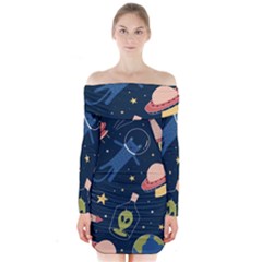 Seamless-pattern-with-funny-aliens-cat-galaxy Long Sleeve Off Shoulder Dress by Wav3s