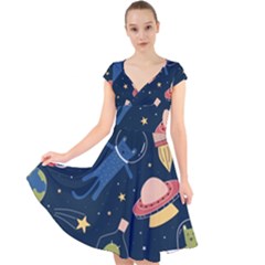 Seamless-pattern-with-funny-aliens-cat-galaxy Cap Sleeve Front Wrap Midi Dress by Wav3s