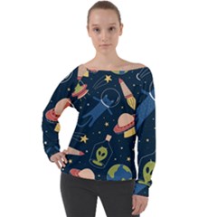 Seamless-pattern-with-funny-aliens-cat-galaxy Off Shoulder Long Sleeve Velour Top by Wav3s