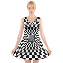 Optical Illusion Chessboard Tunnel V-neck Sleeveless Dress by Ndabl3x