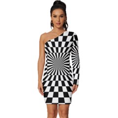 Optical Illusion Chessboard Tunnel Long Sleeve One Shoulder Mini Dress by Ndabl3x