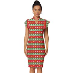 Christmas Papers Red And Green Vintage Frill Sleeve V-neck Bodycon Dress by Ndabl3x