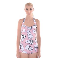 Cute Cats Cartoon Seamless-pattern Boyleg Halter Swimsuit  by Vaneshart