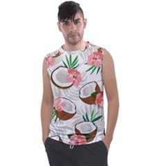 Seamless Pattern Coconut Piece Palm Leaves With Pink Hibiscus Men s Regular Tank Top by Vaneshart