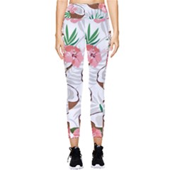 Seamless Pattern Coconut Piece Palm Leaves With Pink Hibiscus Pocket Leggings  by Vaneshart