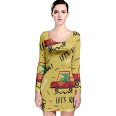 Childish-seamless-pattern-with-dino-driver Long Sleeve Velvet Bodycon Dress by Vaneshart