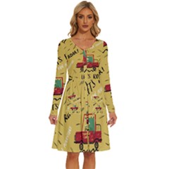 Childish-seamless-pattern-with-dino-driver Long Sleeve Dress With Pocket by Vaneshart