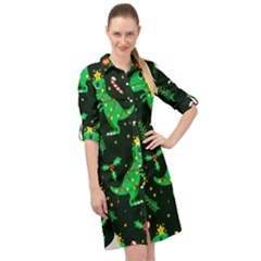 Christmas-funny-pattern Dinosaurs Long Sleeve Mini Shirt Dress by Vaneshart