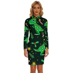 Christmas-funny-pattern Dinosaurs Long Sleeve Shirt Collar Bodycon Dress by Vaneshart