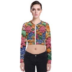 Flower Bloom Embossed Pattern Long Sleeve Zip Up Bomber Jacket by Vaneshop