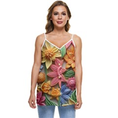 Flower Bloom Embossed Pattern Casual Spaghetti Strap Chiffon Top by Vaneshop