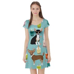 Chihuahua Bubble Kawaii Boba Tea Cute Dog Short Sleeve Skater Dress by Wav3s