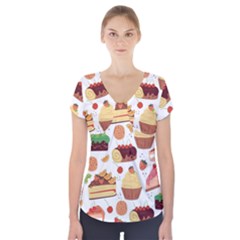 Seamless Pattern Hand Drawing Cartoon Dessert And Cake Short Sleeve Front Detail Top by Wav3s