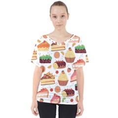 Seamless Pattern Hand Drawing Cartoon Dessert And Cake V-neck Dolman Drape Top by Wav3s